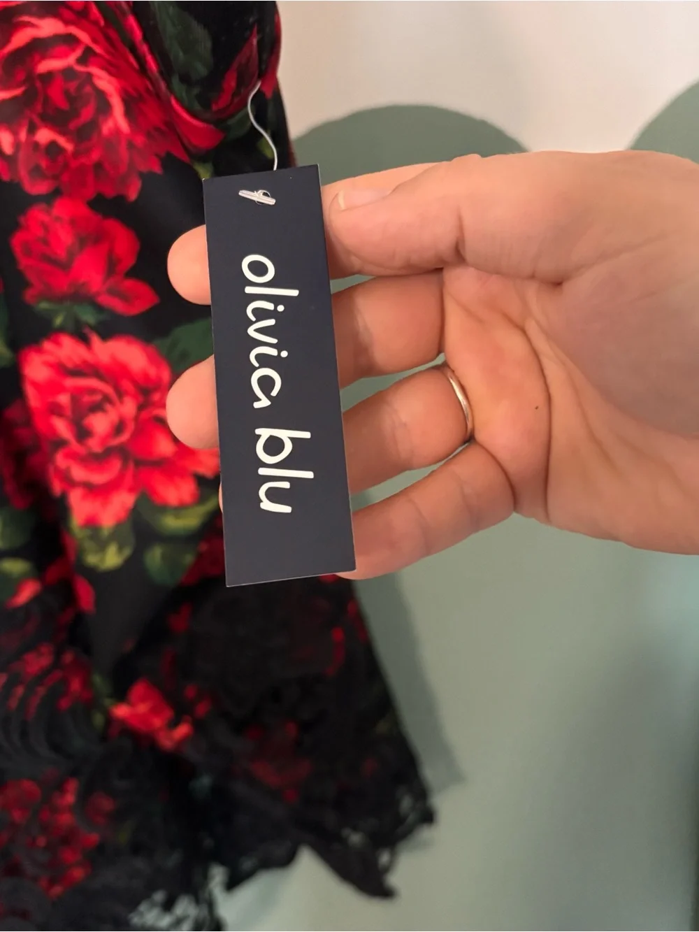 Black Floral Lace-Trim Midi Skirt with Red Roses